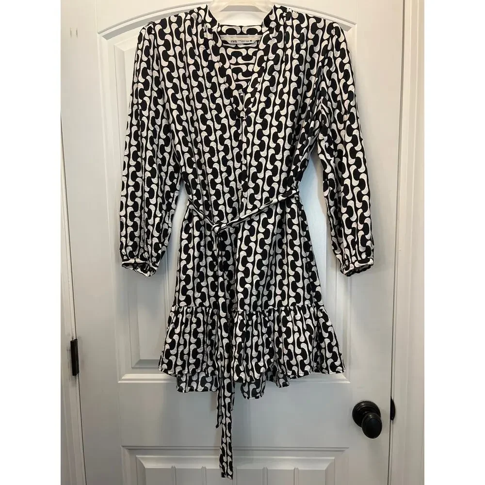 Zara Women’s V-Neck Long Sleeve Geometric Tie‎ Waist Mini Dress Sz M Black Beige